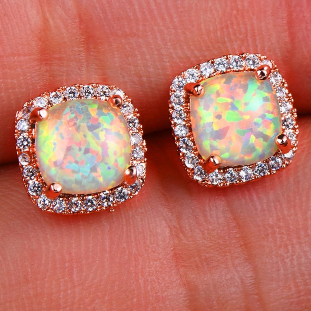18K Rose Gold White Opal Diamond Halo Earrings - Picture 2 of 7